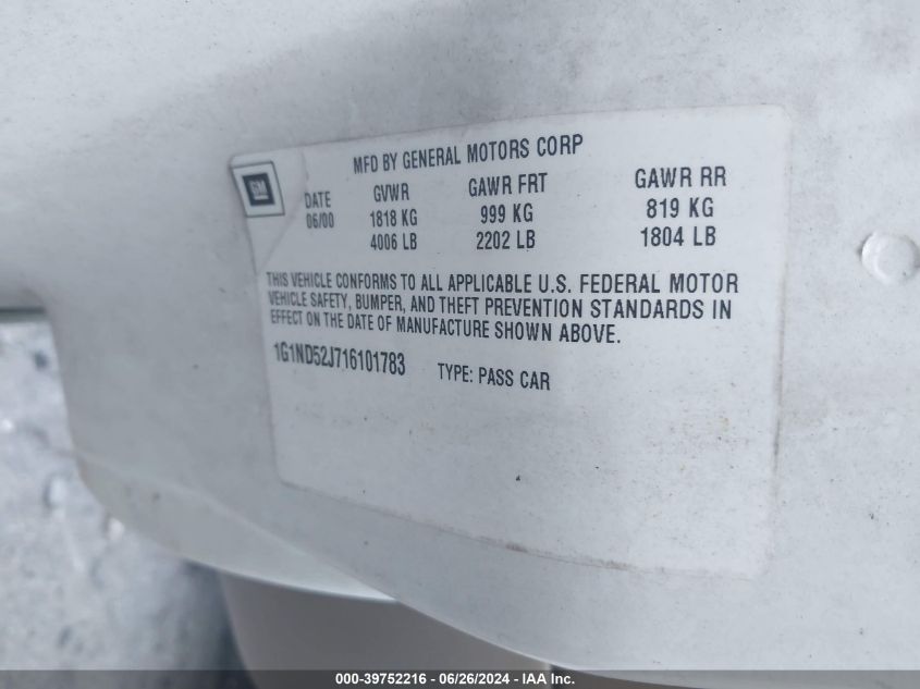 2001 Chevrolet Malibu VIN: 1G1ND52J716101783 Lot: 39752216