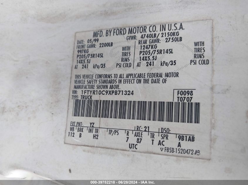 1999 Ford Ranger Xl/Xlt VIN: 1FTYR10C9XPB71324 Lot: 39752218