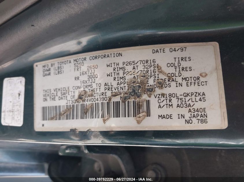 1997 Toyota 4Runner Sr5 V6 Limited VIN: JT3GN87R4V0043903 Lot: 39752229