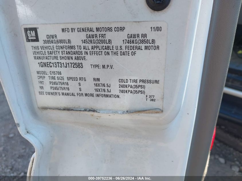 2001 Chevrolet Tahoe Lt VIN: 1GNEC13T31J172583 Lot: 39752236