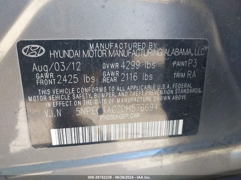 5NPEC4AC2DH576694 2013 Hyundai Sonata Se