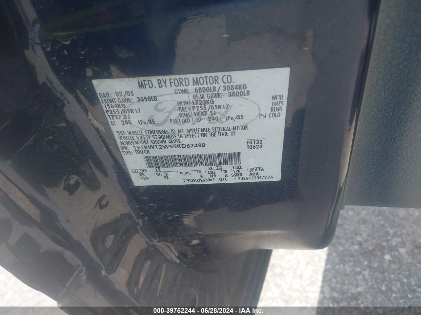 2005 Ford F-150 Xlt VIN: 1FTRW12W55KD67498 Lot: 39752244