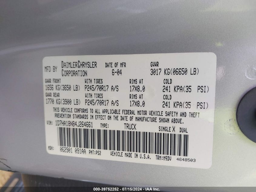 2004 Dodge Ram 1500 Slt/Laramie VIN: 1D7HA18N84J264661 Lot: 39752252