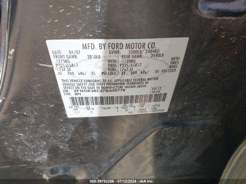 2007 Ford Edge Se VIN: 2FMDK36C27BA95776 Lot: 39752256