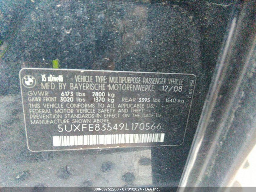 2009 BMW X5 xDrive48I VIN: 5UXFE83549L170566 Lot: 39752260