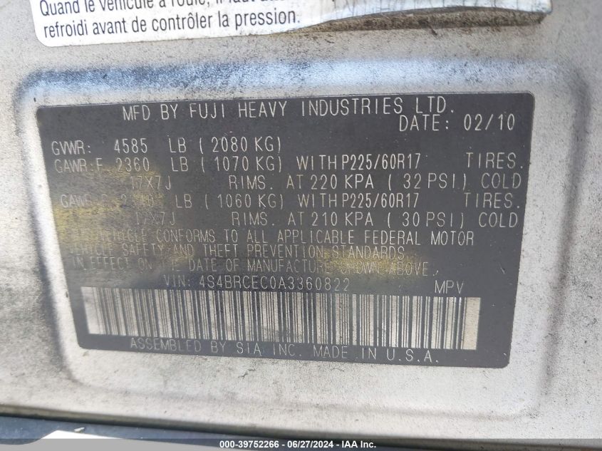 2010 Subaru Outback 2.5I Premium VIN: 4S4BRCEC0A3360822 Lot: 39752266