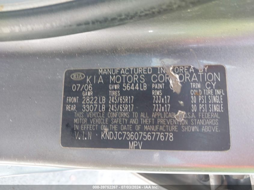 2007 Kia Sorento Lx VIN: KNDJC736075677678 Lot: 39752267