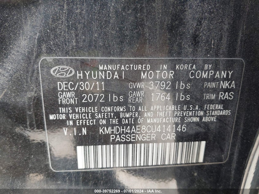 2012 Hyundai Elantra Gls (Ulsan Plant) VIN: KMHDH4AE8CU414146 Lot: 39752269
