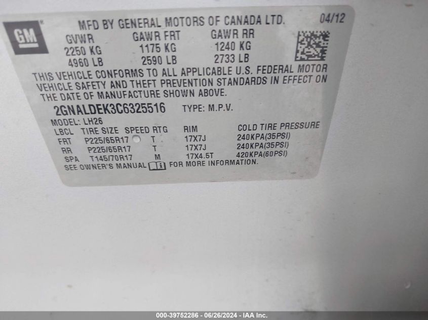 2012 Chevrolet Equinox 1Lt VIN: 2GNALDEK3C6325516 Lot: 39752286