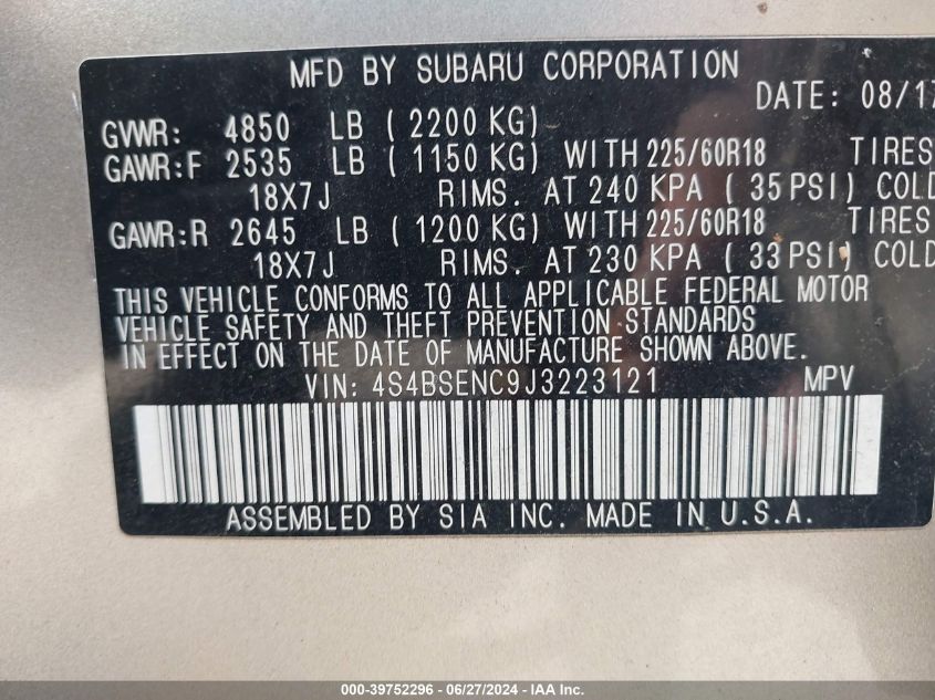 2018 Subaru Outback 3.6R Limited VIN: 4S4BSENC9J3223121 Lot: 39752296