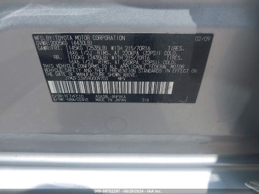 2009 Toyota Rav4 VIN: JTMZF33V59D009703 Lot: 39752297