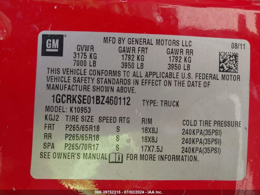 2011 Chevrolet Silverado K1500 Lt VIN: 1GCRKSE01BZ460112 Lot: 39752315