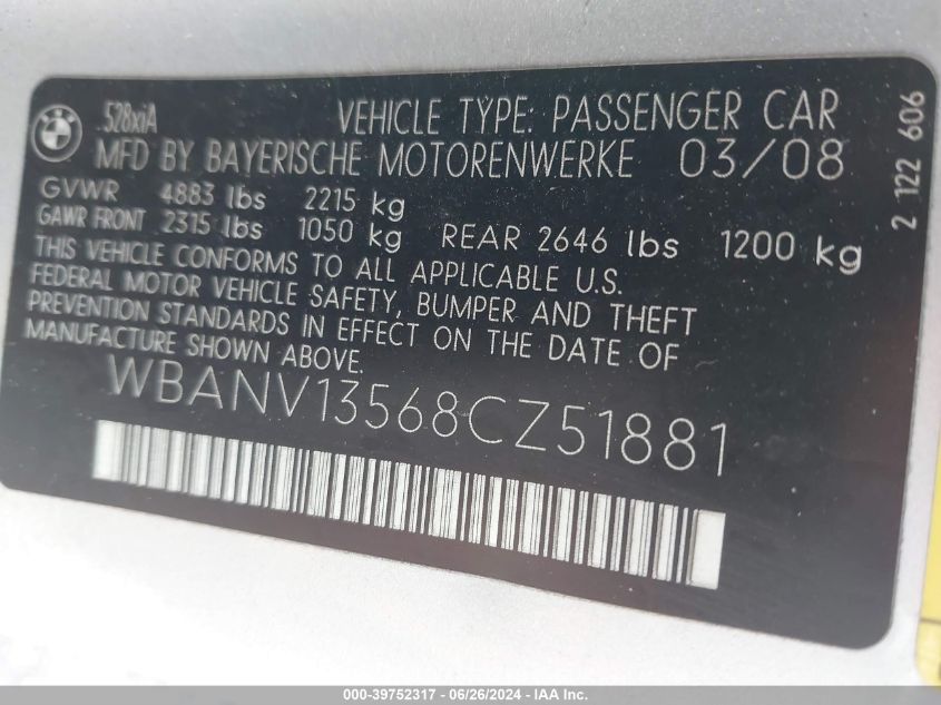 2008 BMW 528Xi VIN: WBANV13568CZ51881 Lot: 39752317