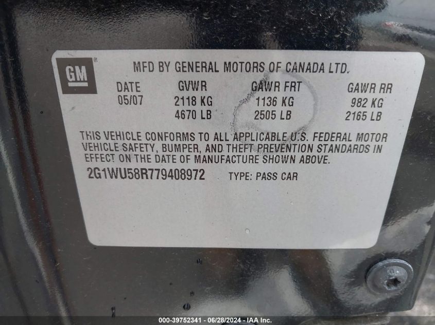 2007 Chevrolet Impala Ltz VIN: 2G1WU58R779408972 Lot: 39752341