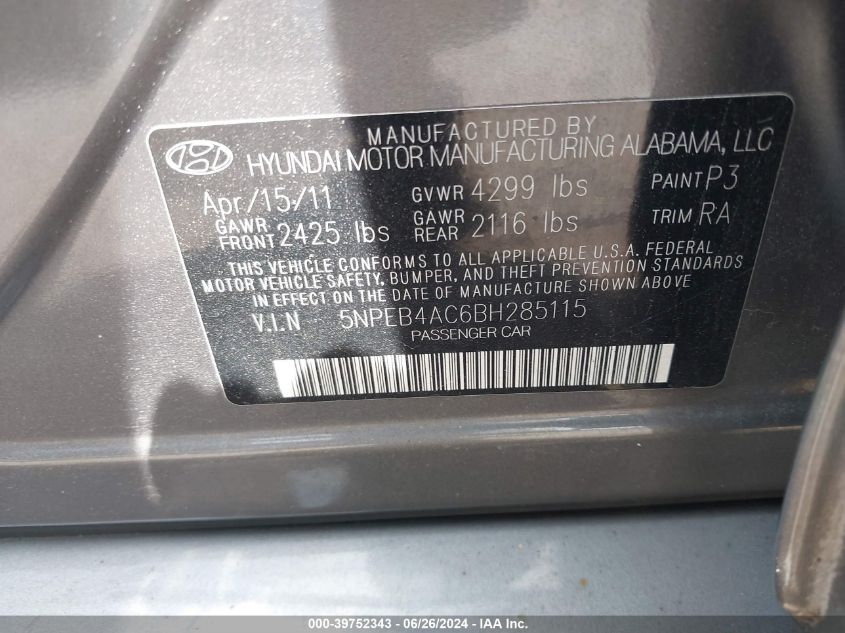 5NPEB4AC6BH285115 | 2011 HYUNDAI SONATA