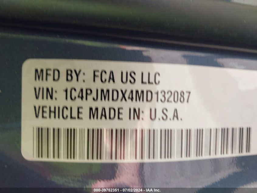 2021 Jeep Cherokee Limited 4X4 VIN: 1C4PJMDX4MD132087 Lot: 39752351