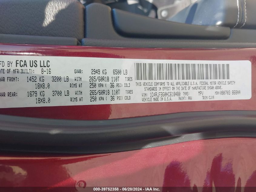 2017 Jeep Grand Cherokee Limited VIN: 1C4RJFBG0HC618480 Lot: 39752358