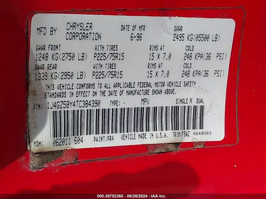 1996 Jeep Grand Cherokee Laredo VIN: 1J4GZ58Y4TC384390 Lot: 39752365