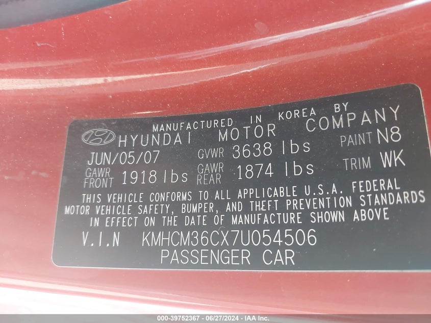 2007 Hyundai Accent Gs VIN: KMHCM36CX7U054506 Lot: 39752367