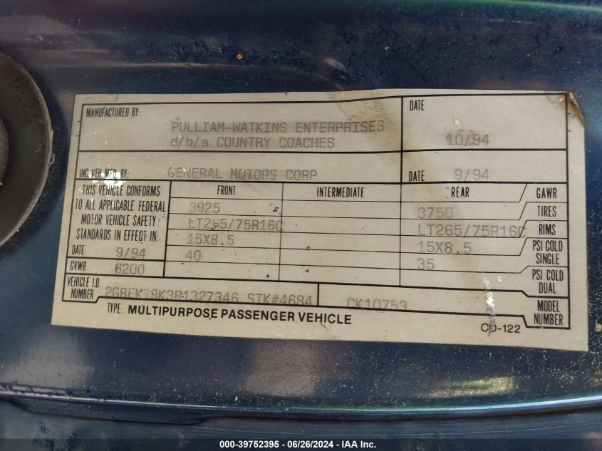 1994 Chevrolet Gmt-400 K1500 VIN: 2GBEK19K3R1327346 Lot: 39752395