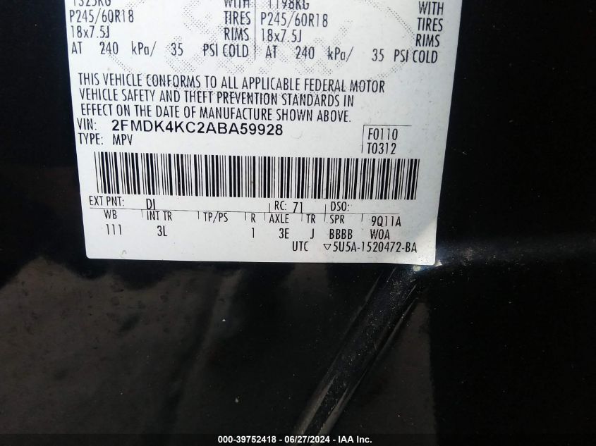 2010 Ford Edge Limited VIN: 2FMDK4KC2ABA59928 Lot: 39752418