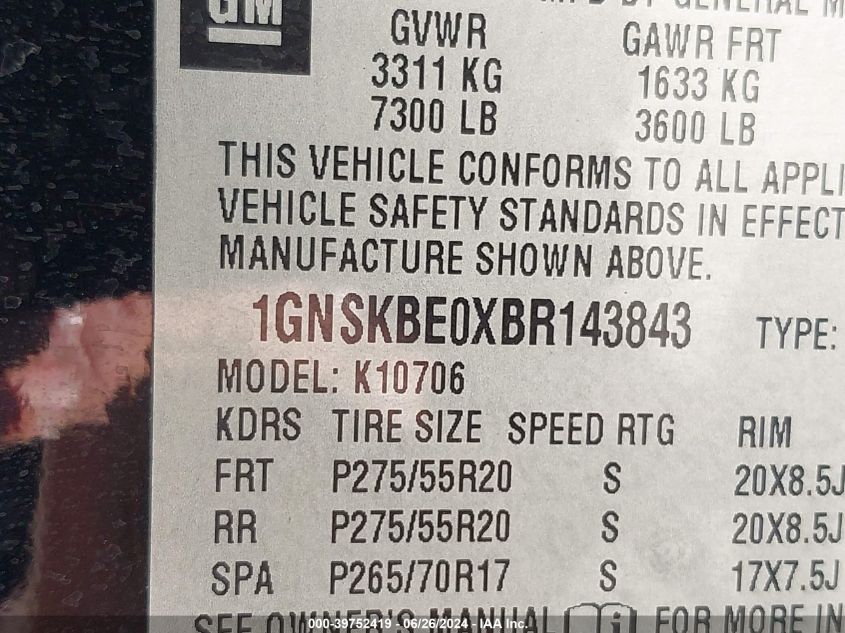 2011 Chevrolet Tahoe Lt VIN: 1GNSKBE0XBR143843 Lot: 39752419