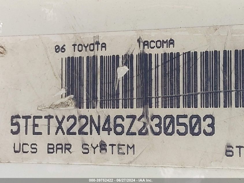 2006 Toyota Tacoma VIN: 5TETX22N46Z230503 Lot: 39752422