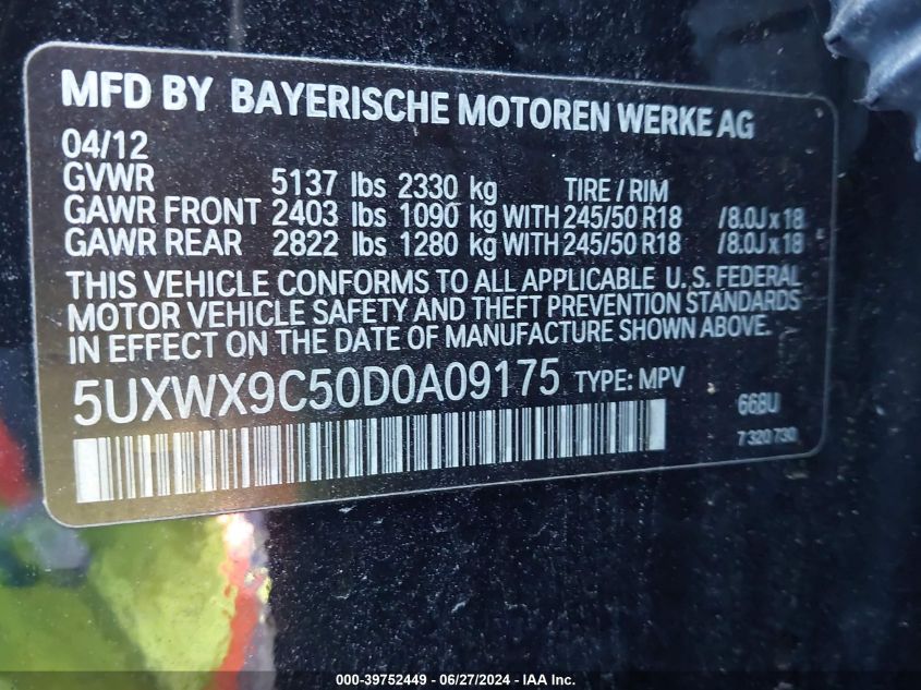 2013 BMW X3 xDrive28I VIN: 5UXWX9C50D0A09175 Lot: 39752449