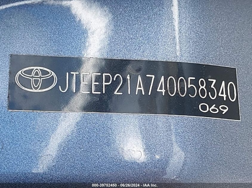 2004 Toyota Highlander V6 VIN: JTEEP21A740058340 Lot: 39752450