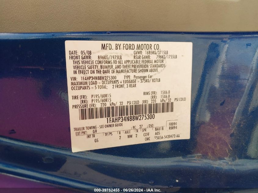 1FAHP34N88W275300 2008 Ford Focus S