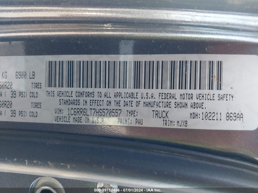 2017 Ram 1500 Lone Star 4X2 5'7 Box VIN: 1C6RR6LT7HS570557 Lot: 39752456