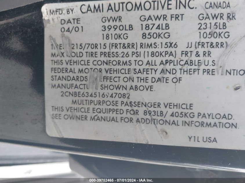 2001 Chevrolet Tracker Hard Top Lt VIN: 2CNBE634516947082 Lot: 39752465