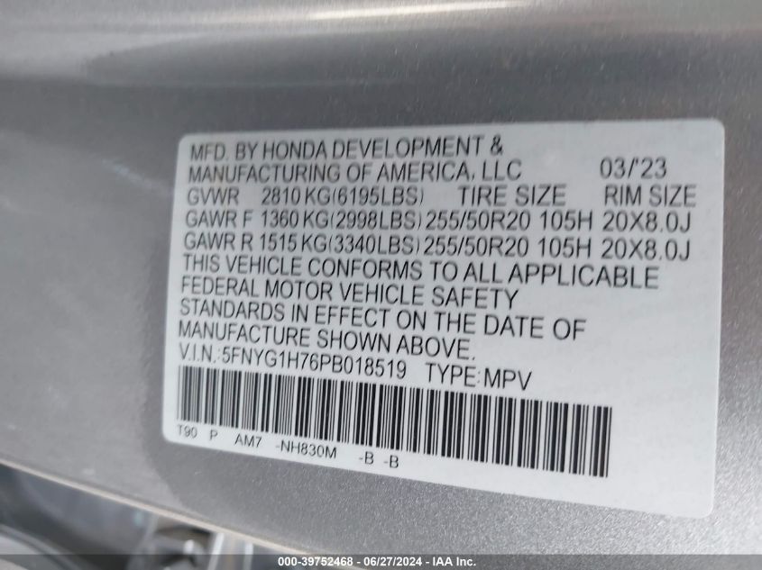 2023 Honda Pilot Touring VIN: 5FNYG1H76PB018519 Lot: 39752468