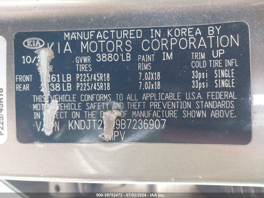 2011 Kia Soul ! VIN: KNDJT2A29B7236907 Lot: 39752472