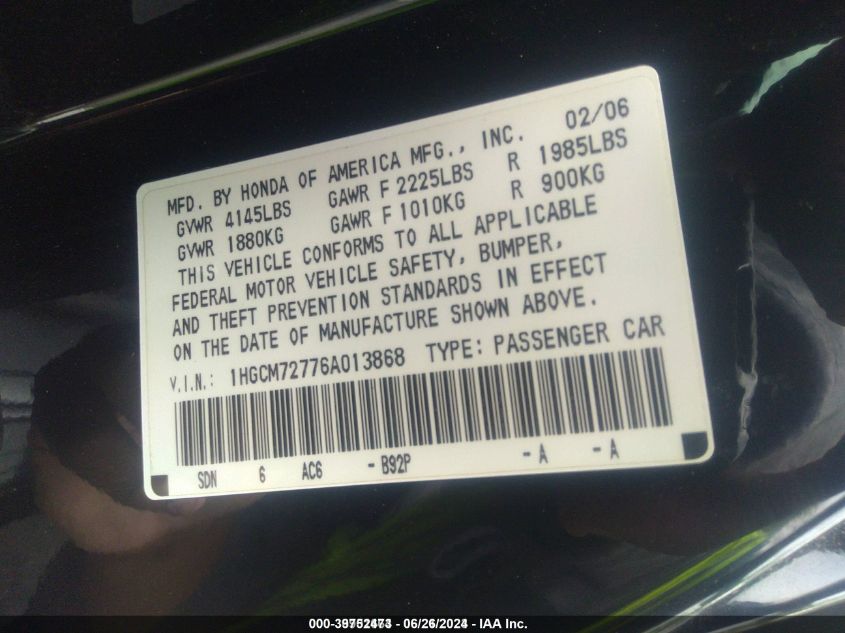 2006 Honda Accord 2.4 Ex VIN: 1HGCM72776A013868 Lot: 39752473
