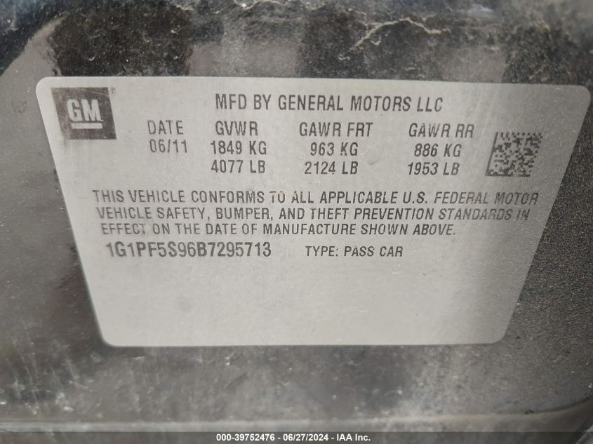 2011 Chevrolet Cruze Lt VIN: 1G1PF5S96B7295713 Lot: 39752476