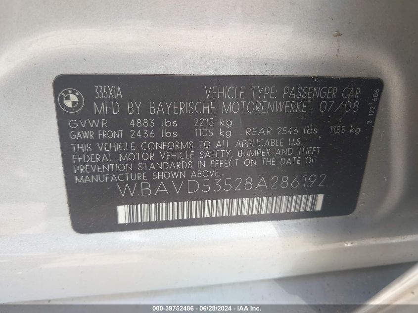2008 BMW 335Xi VIN: WBAVD53528A286192 Lot: 39752486