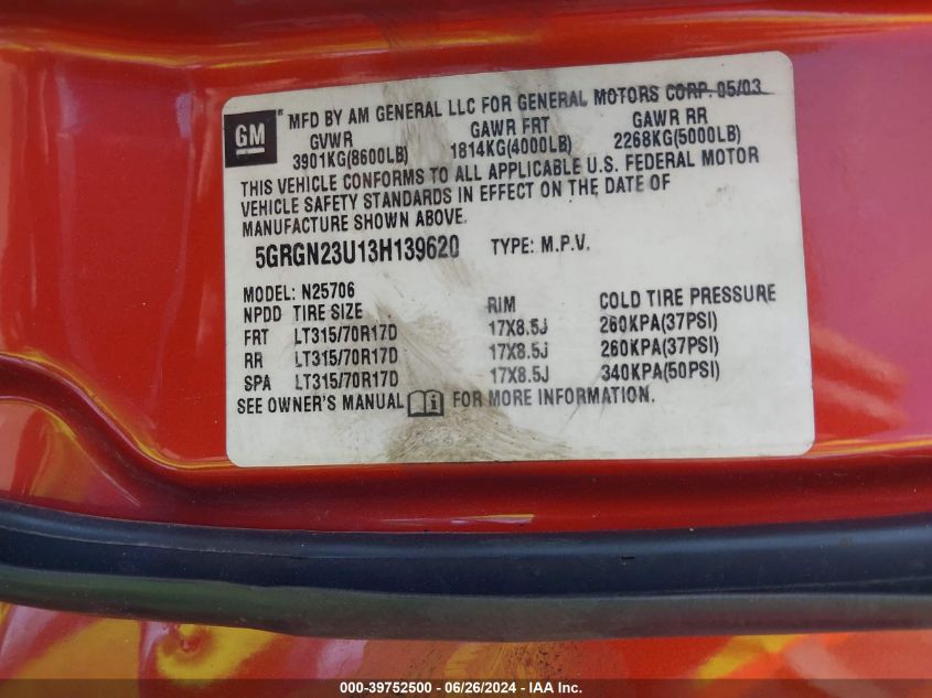 2003 Hummer H2 VIN: 5GRGN23U13H139620 Lot: 39752500