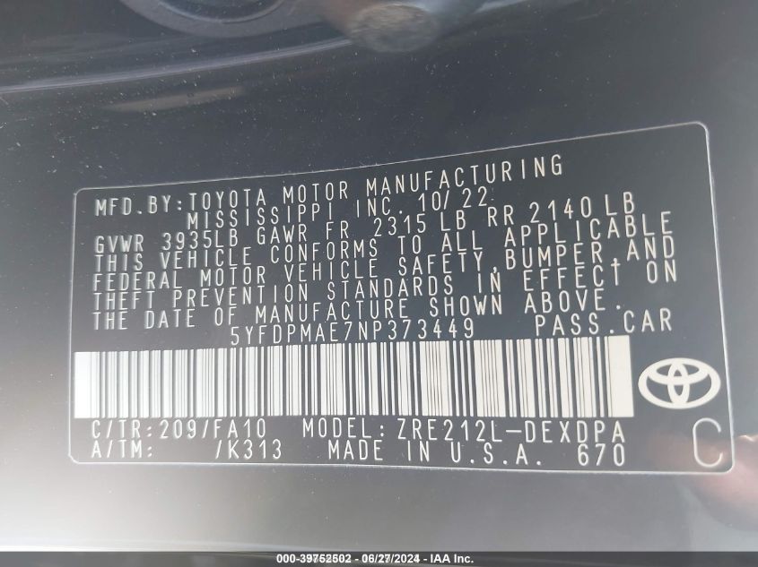 5YFDPMAE7NP373449 2022 Toyota Corolla L