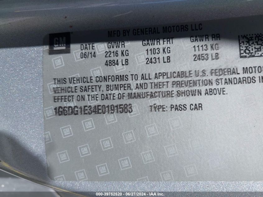 2014 Cadillac Cts Performance VIN: 1G6DG1E34E0191583 Lot: 39752520