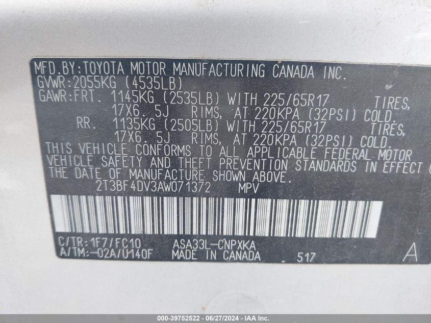 2010 Toyota Rav4 VIN: 2T3BF4DV3AW071372 Lot: 39752522