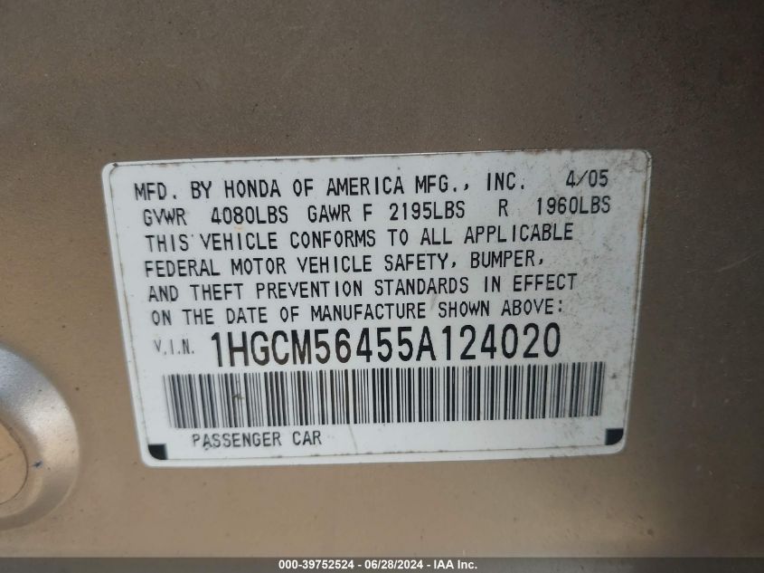 2005 Honda Accord 2.4 Lx VIN: 1HGCM56455A124020 Lot: 39752524