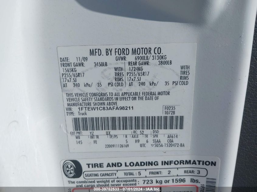 2010 Ford F-150 Xlt VIN: 1FTEW1C83AFA98211 Lot: 39752533