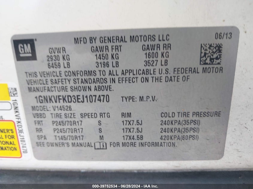 2014 Chevrolet Traverse Ls VIN: 1GNKVFKD3EJ107470 Lot: 39752534