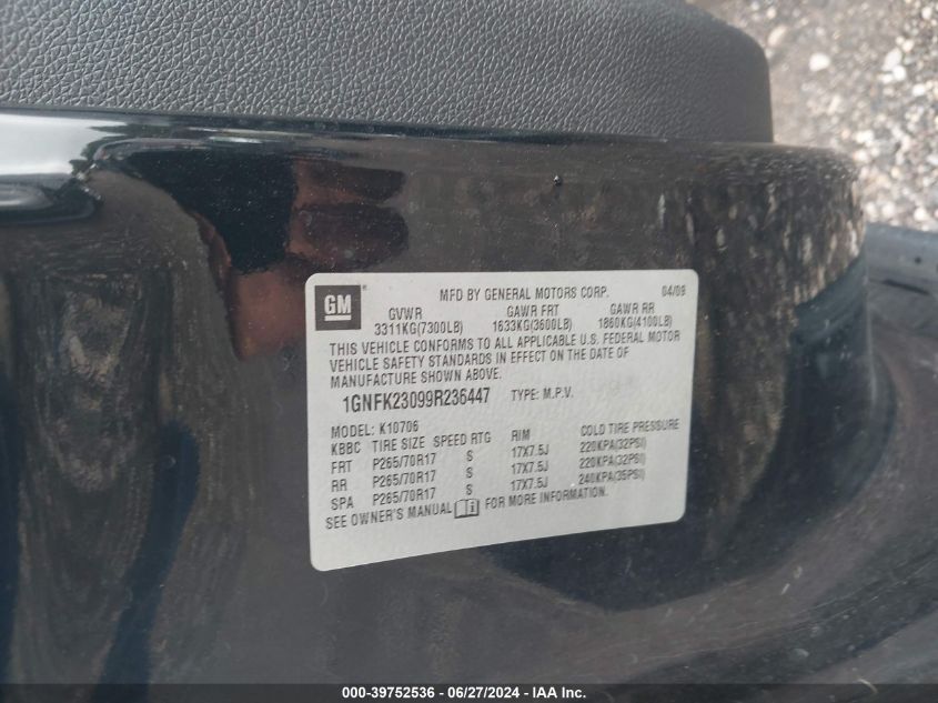 2009 Chevrolet Tahoe Lt2 VIN: 1GNFK23099R236447 Lot: 39752536
