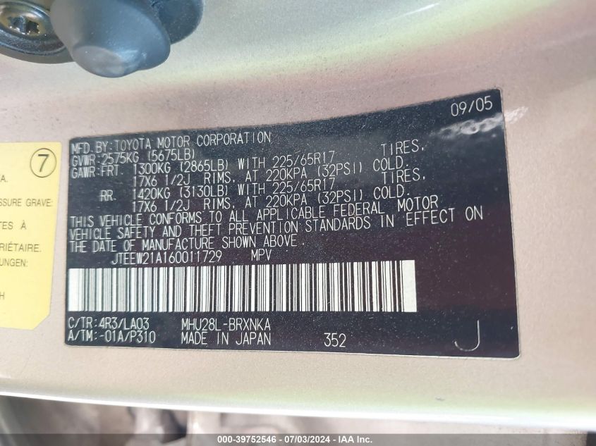 2006 Toyota Highlander Hybrid Limited V6 VIN: JTEEW21A160011729 Lot: 39752546