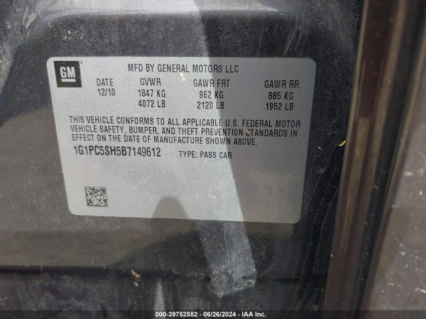 2011 Chevrolet Cruze Ls VIN: 1G1PC5SH5B7149612 Lot: 39752582