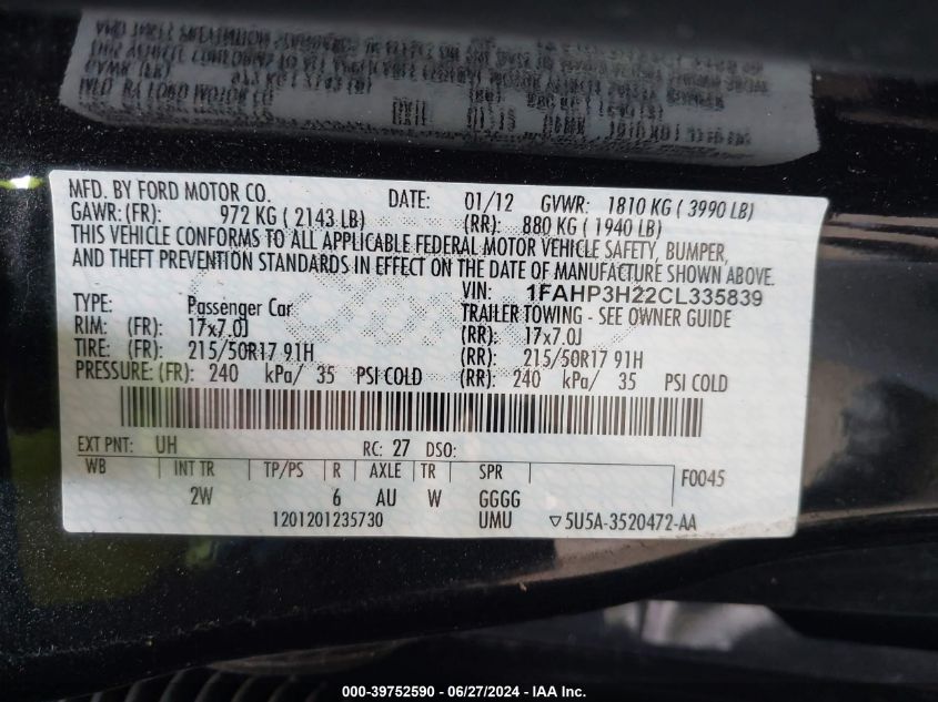 2012 Ford Focus Sel VIN: 1FAHP3H22CL335839 Lot: 39752590