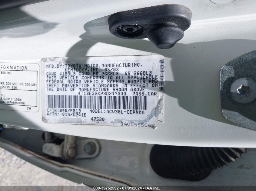 2003 Toyota Camry Le VIN: 4T1BE32K23U217343 Lot: 39752592