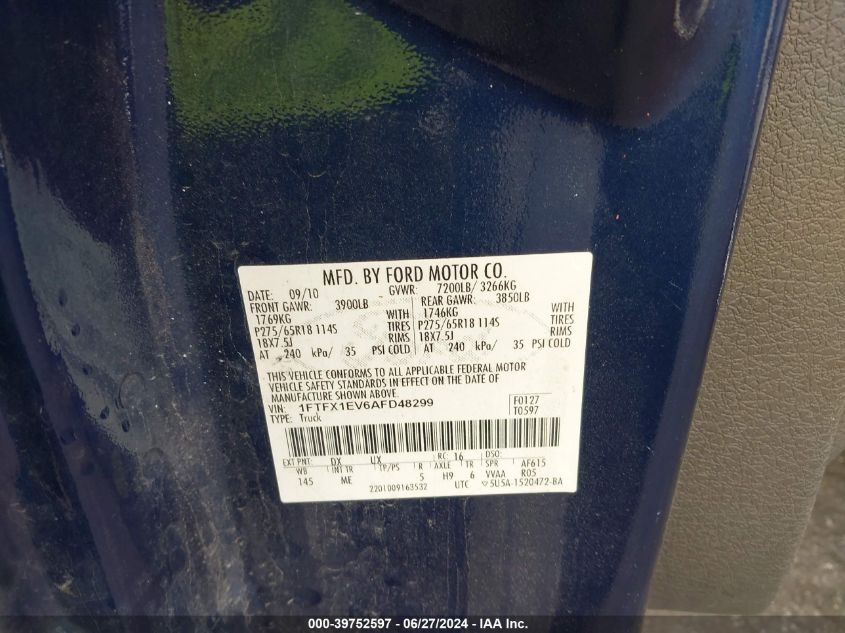2010 Ford F-150 Super Cab VIN: 1FTFX1EV6AFD48299 Lot: 39752597